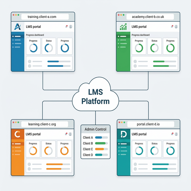 Multi-tenant LMS architecture diagram showing four independently branded client portals
