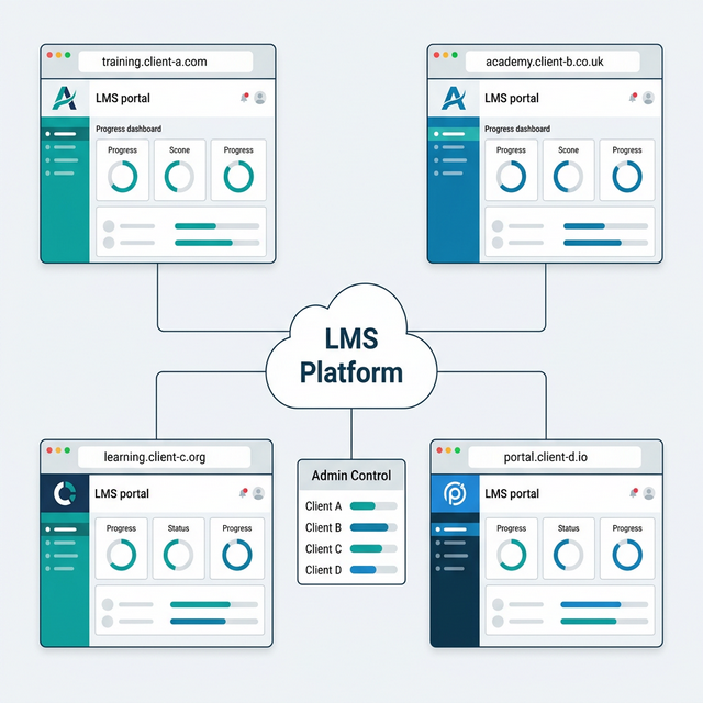 Multi-tenant LMS architecture: four independently branded client portals managed from one central admin dashboard